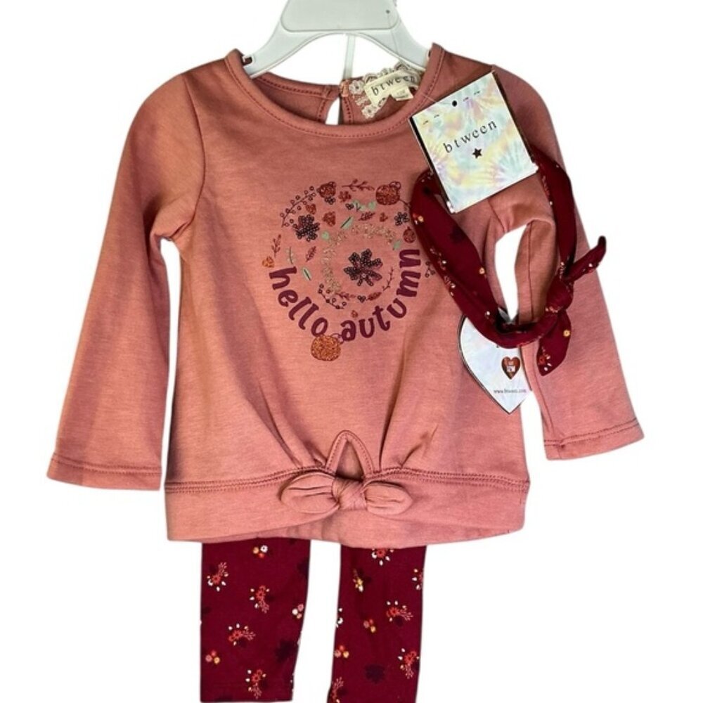 Btween Hello Autumn 3 Pc Matching Baby Girl Top Legging Headband NEW 12 Month